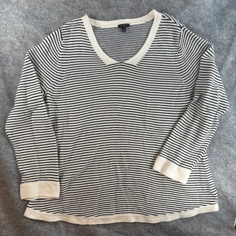 Talbots Sweater Women 2X Black White Striped V-Neck Knit Long Sleeve Trim